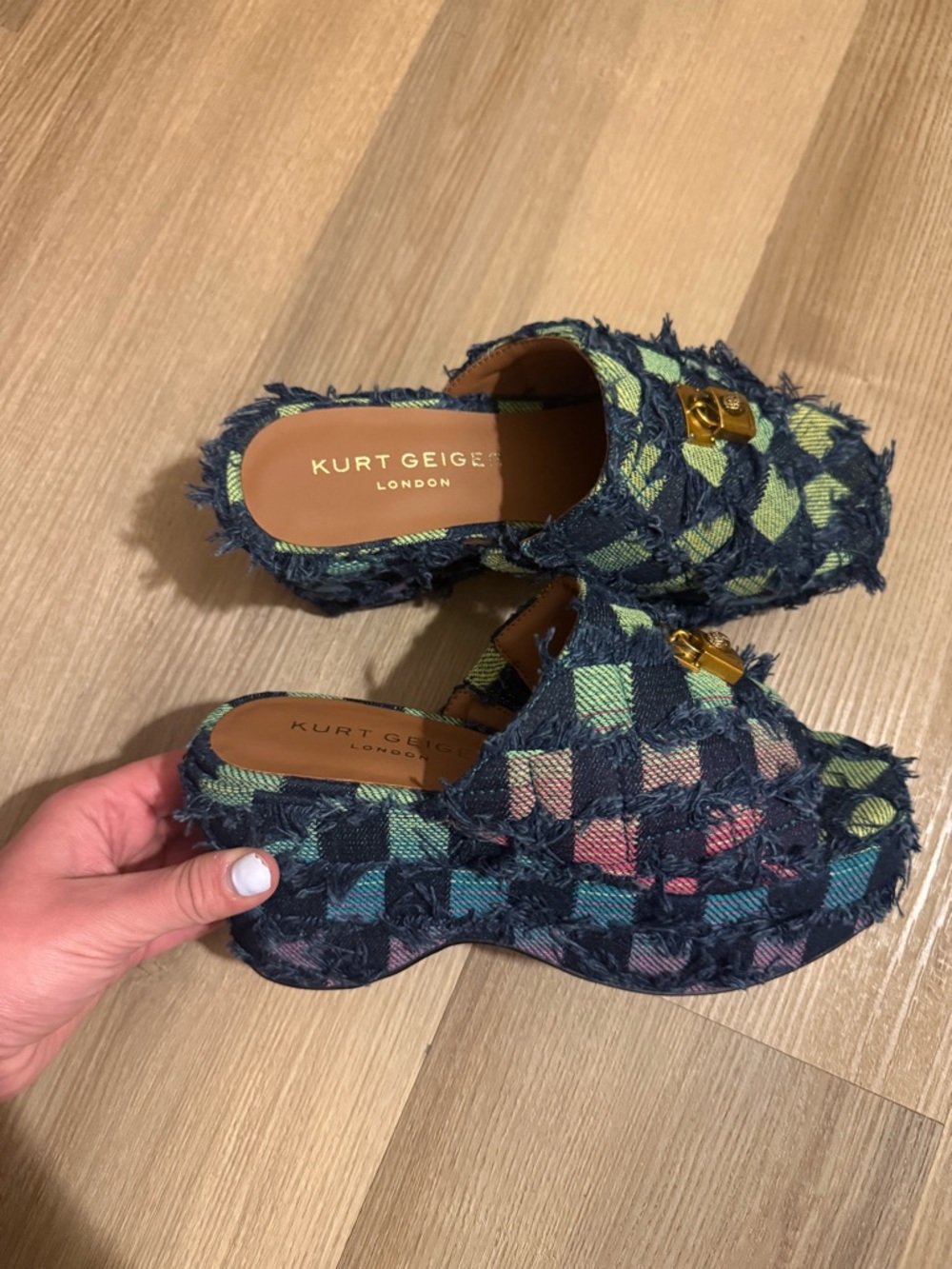 RARE Kurt Geiger Frayed Check Slip-On Mules in Navy, Teal & Lime